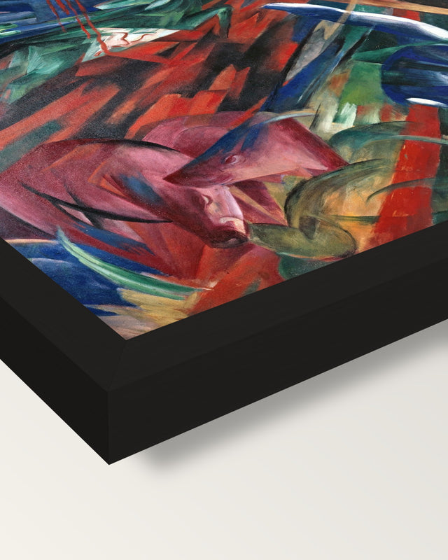 Fate of the Animals by Franz Marc framed print, corner close-up: black moulding, mitred, the print set just below its edge