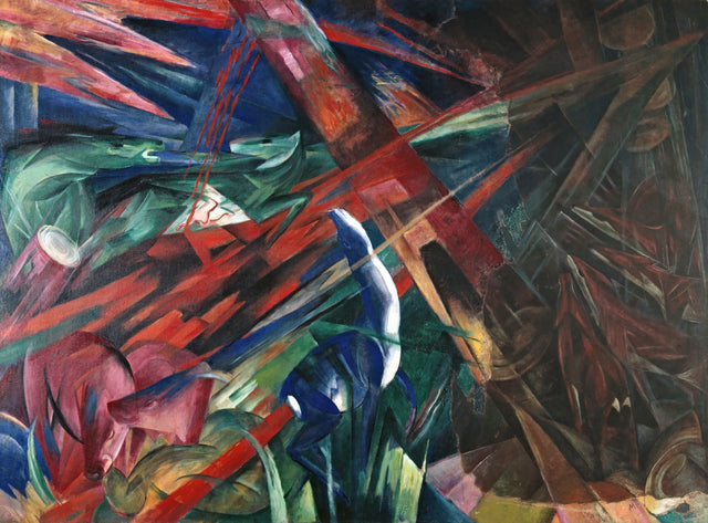 Fate of the Animals by Franz Marc: a forest breaking into red shards, a blue deer and animals among falling trees