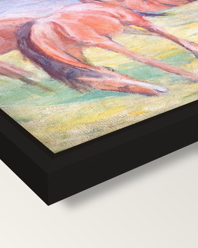 Grazing Horses I by Franz Marc framed canvas, corner close-up: a black floating frame with a shadow gap round the canvas