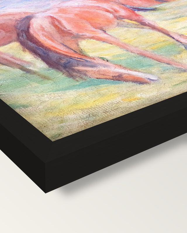 Grazing Horses I by Franz Marc framed print, corner close-up: black moulding, mitred, the print set just below its edge