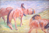 Grazing Horses I by Franz Marc: four chestnut horses grazing on a yellow-green hillside under a blue-violet sky