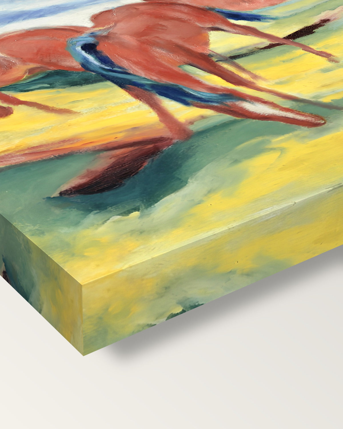 Grazing Horses III by Franz Marc on stretched canvas, corner close-up: the painting mirror-wrapped round the sides