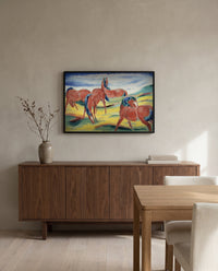 Grazing Horses III by Franz Marc in a black frame above a walnut sideboard in a dining room