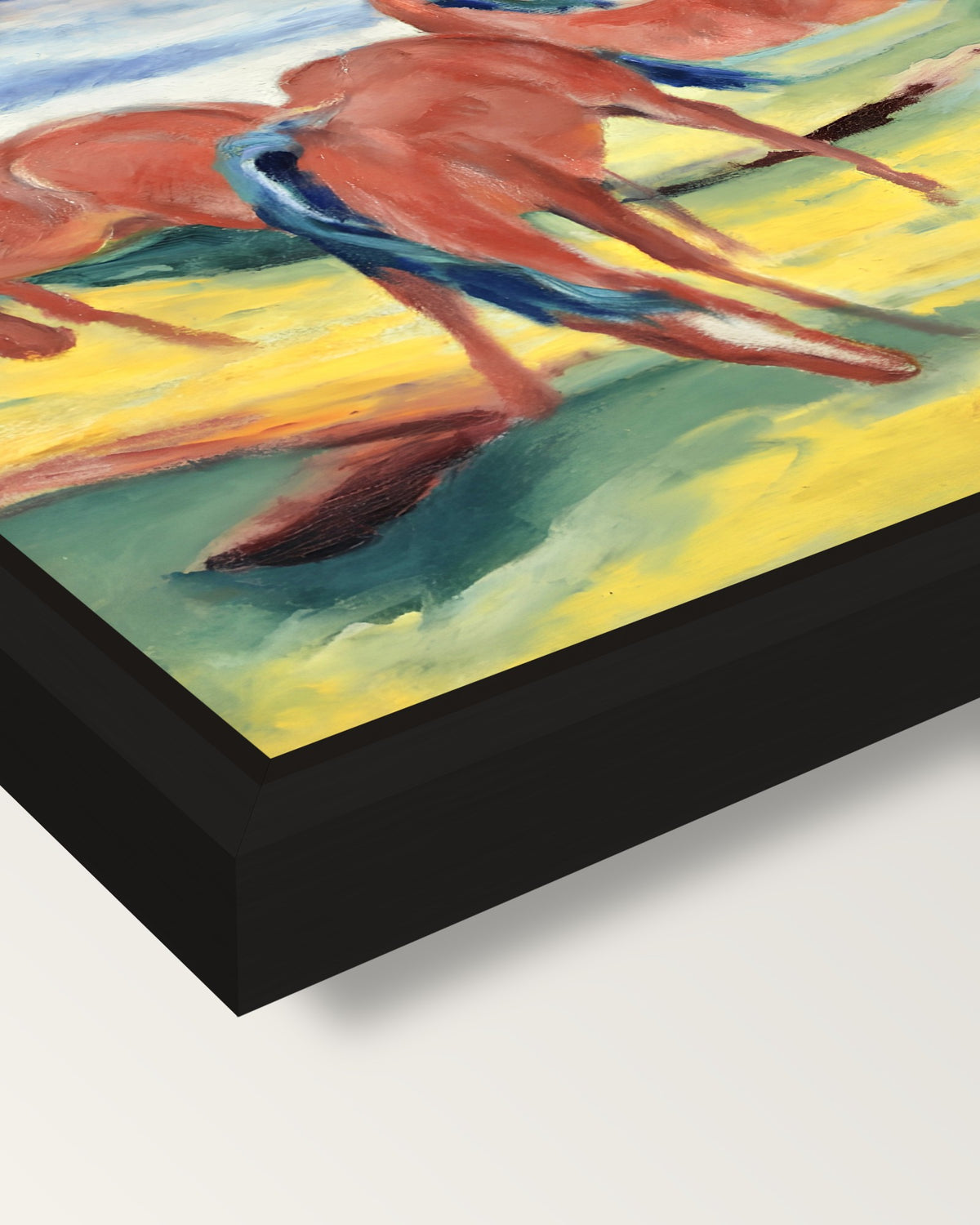 Grazing Horses III by Franz Marc framed canvas, corner close-up: a black floating frame with a shadow gap round the canvas