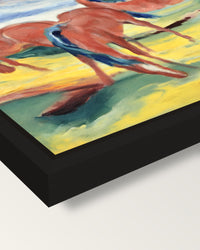 Grazing Horses III by Franz Marc framed canvas, corner close-up: a black floating frame with a shadow gap round the canvas