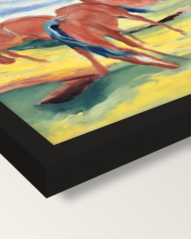 Grazing Horses III by Franz Marc framed print, corner close-up: black moulding, mitred, the print set just below its edge