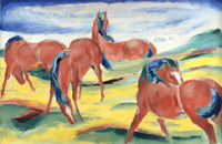 Grazing Horses III by Franz Marc: chestnut horses with blue manes on a bright yellow hillside under blue sky