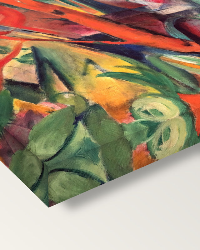 In the Rain by Franz Marc on stretched canvas, corner close-up: the painting mirror-wrapped round the sides