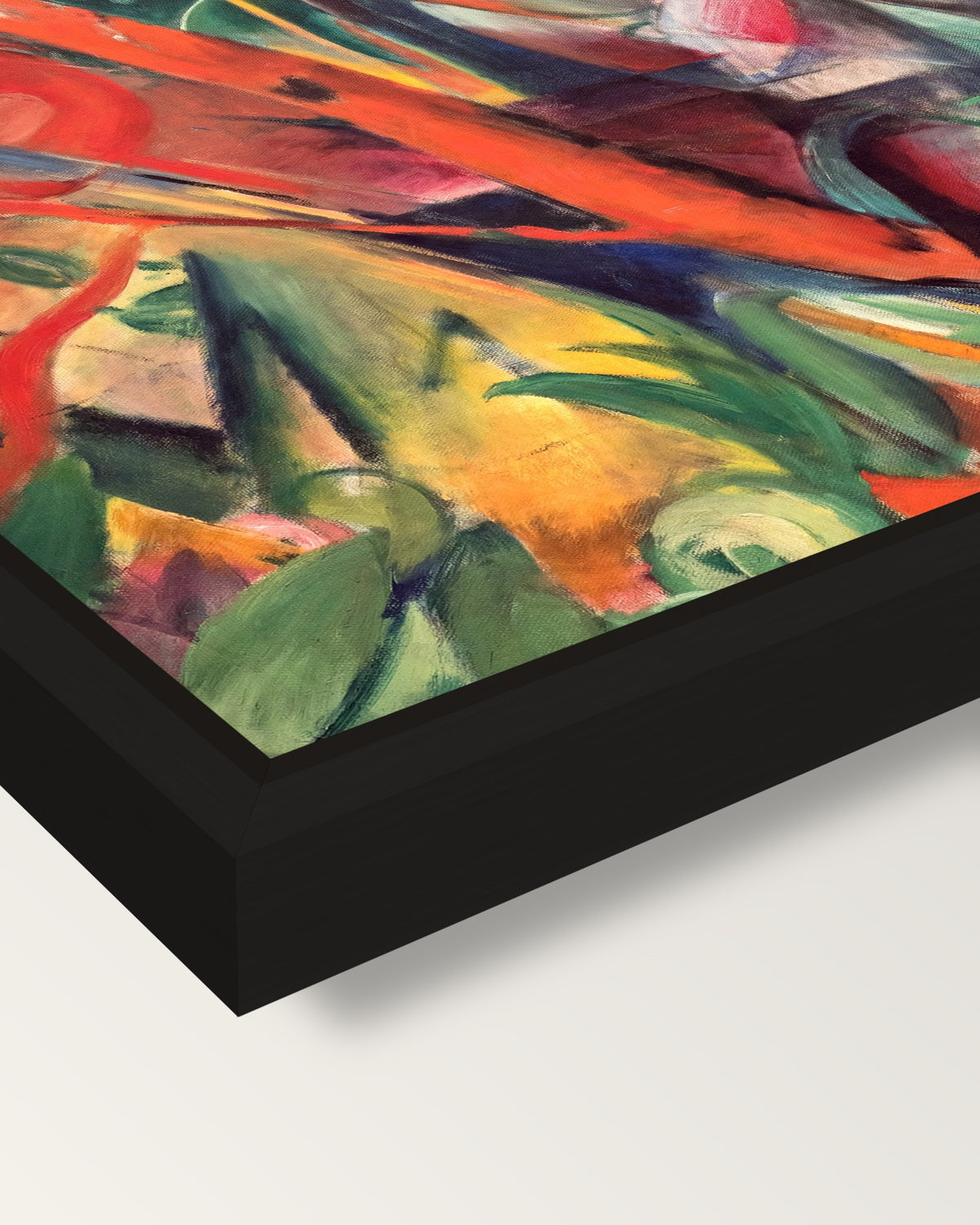 In the Rain by Franz Marc framed canvas, corner close-up: a black floating frame with a shadow gap round the canvas