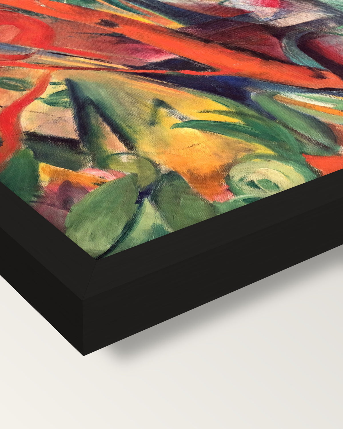In the Rain by Franz Marc framed print, corner close-up: black moulding, mitred, the print set just below its edge