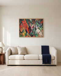 In the Rain by Franz Marc framed in natural oak above a cream sofa in a warm living room
