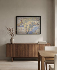 Siberian Dogs in the Snow by Franz Marc in a black frame above a walnut sideboard in a dining room