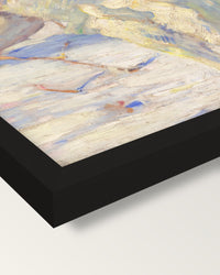 Siberian Dogs in the Snow by Marc framed print, corner close-up: black moulding, mitred, the print set just below its edge