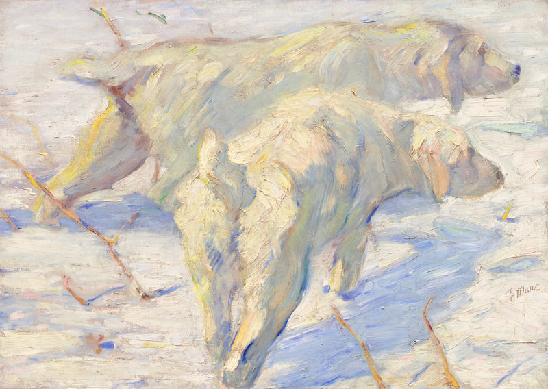 Siberian Dogs in the Snow by Franz Marc: two white dogs standing in pale blue snow
