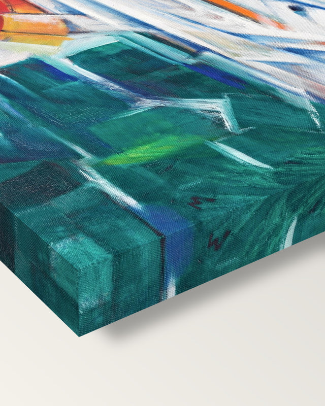 The Bewitched Mill by Franz Marc on stretched canvas, corner close-up: the painting mirror-wrapped round the sides