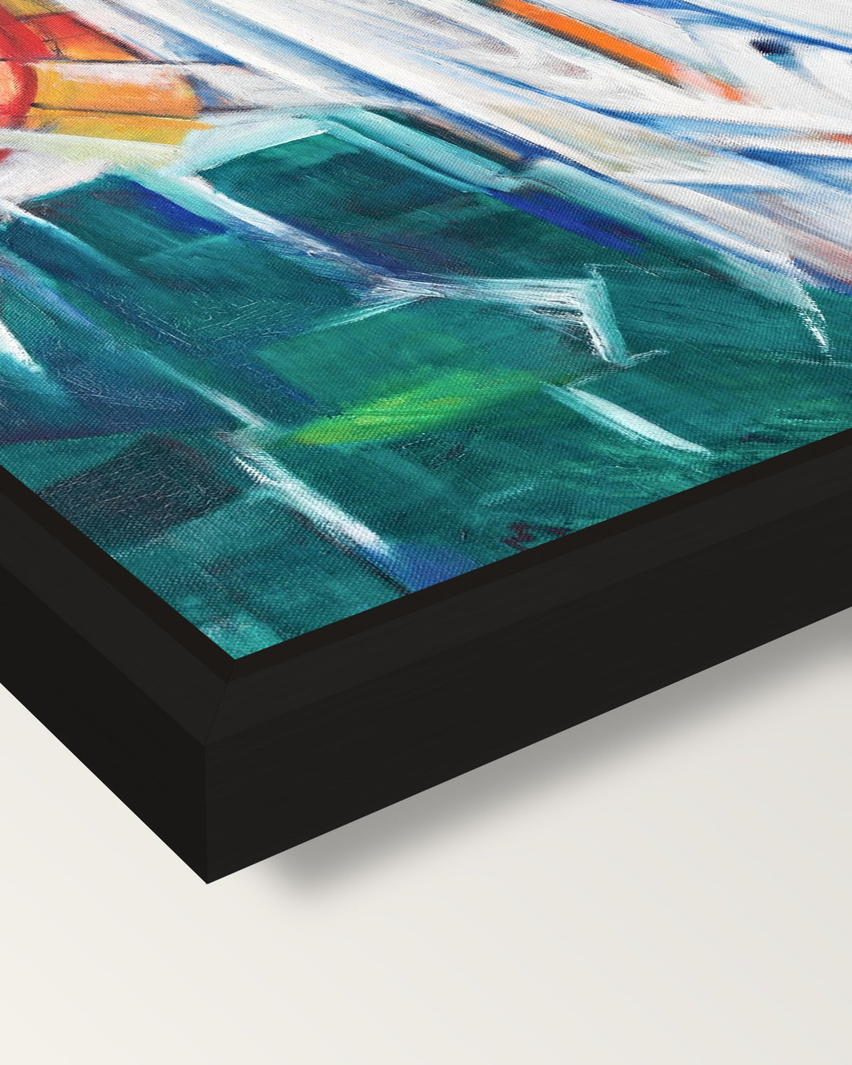 The Bewitched Mill by Franz Marc framed canvas, corner close-up: a black floating frame with a shadow gap round the canvas