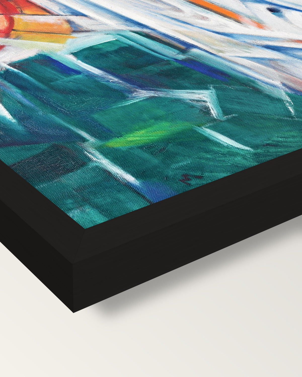 The Bewitched Mill by Franz Marc framed print, corner close-up: black moulding, mitred, the print set just below its edge