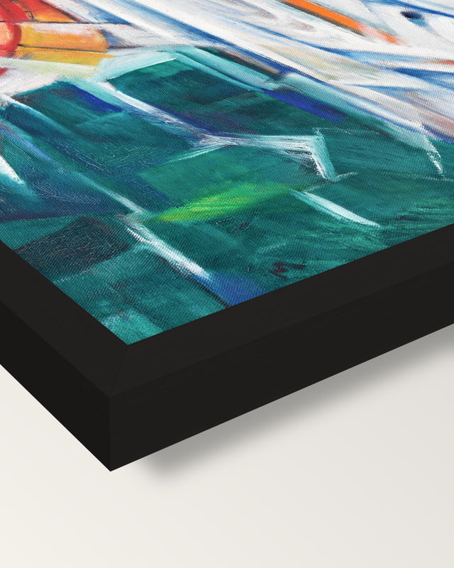 The Bewitched Mill by Franz Marc framed print, corner close-up: black moulding, mitred, the print set just below its edge