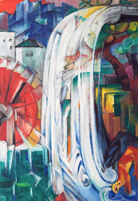 The Bewitched Mill by Franz Marc: a red mill wheel and a white waterfall among blue houses, trees and animals