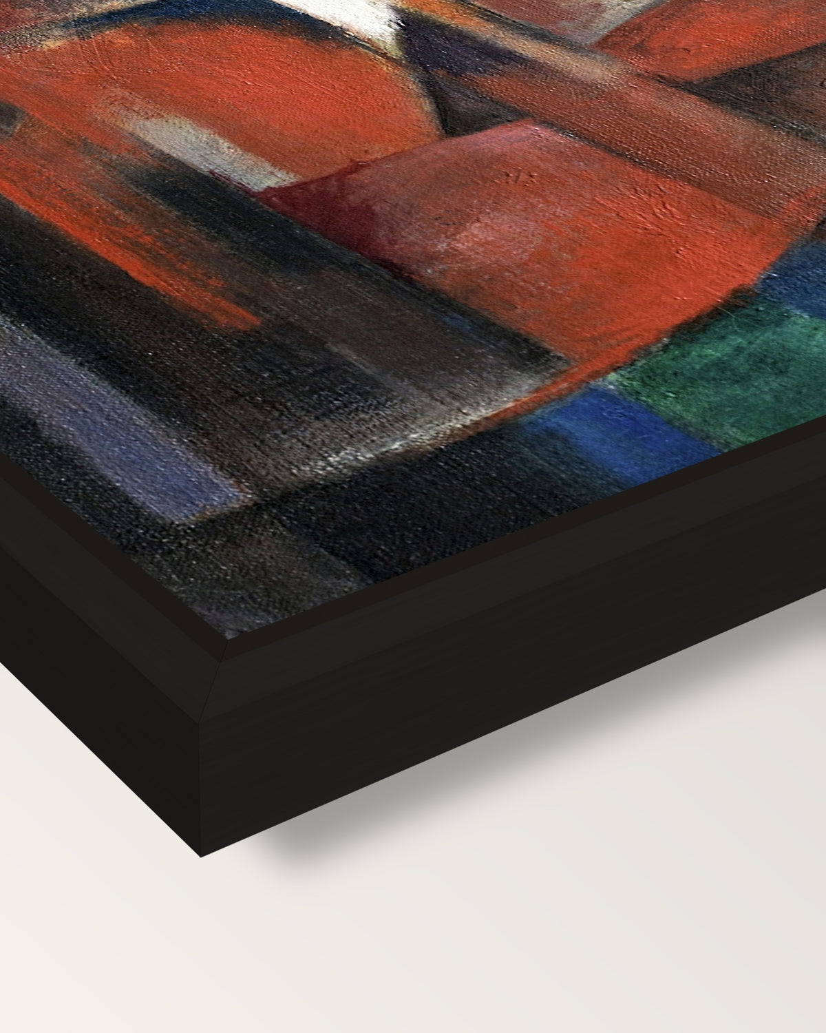 The Foxes by Franz Marc framed canvas, corner close-up: a black floating frame with a shadow gap round the canvas