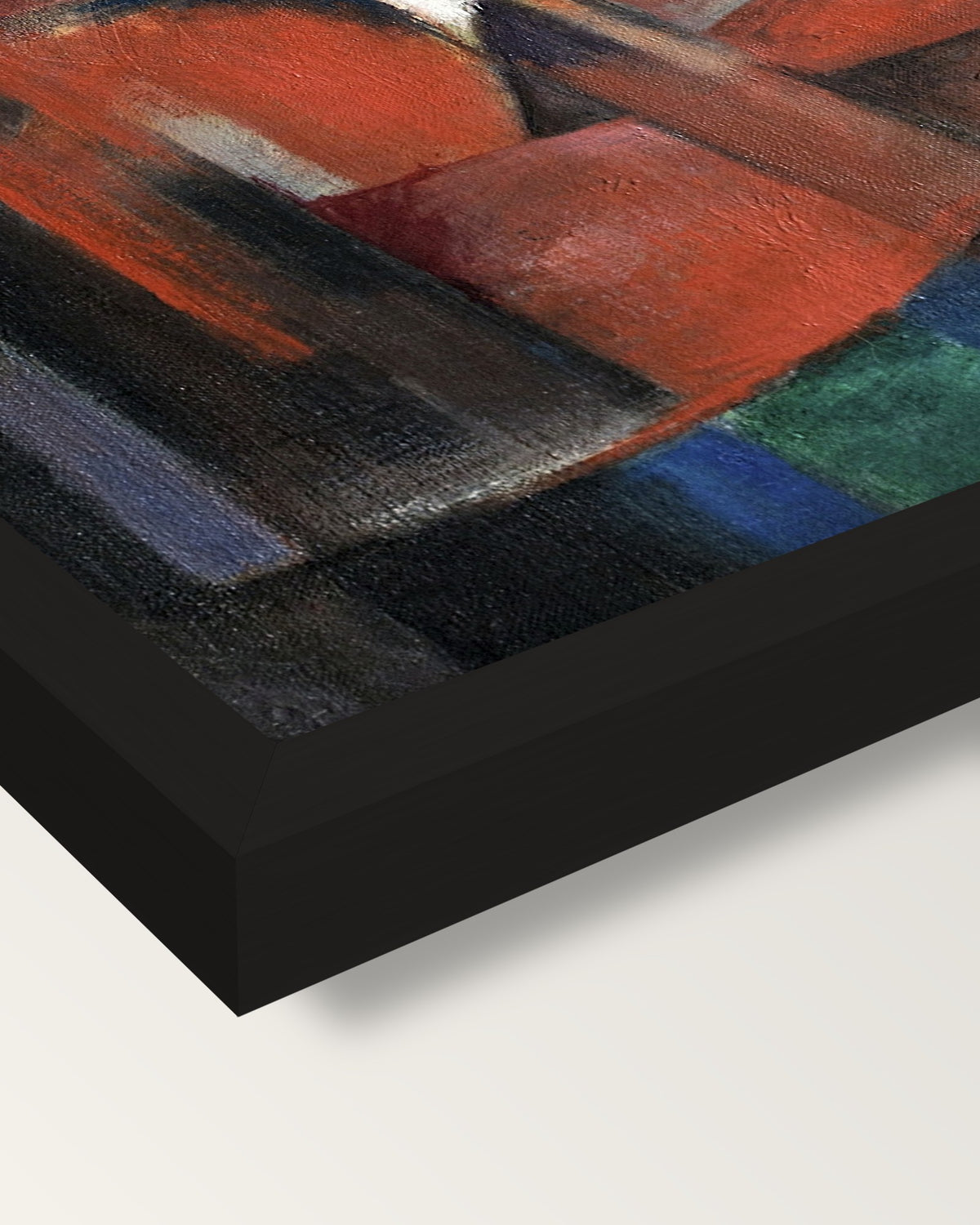 The Foxes by Franz Marc framed print, corner close-up: black moulding, mitred, the print set just below its edge