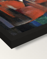 The Foxes by Franz Marc framed print, corner close-up: black moulding, mitred, the print set just below its edge