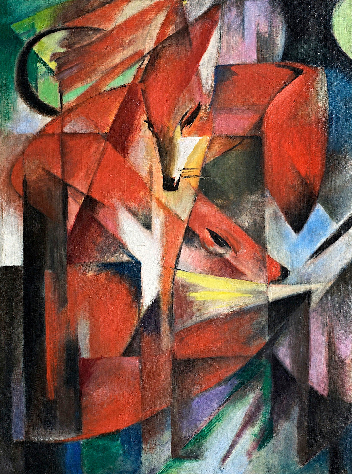 The Foxes by Franz Marc: two red foxes made of angular planes of red, black and white