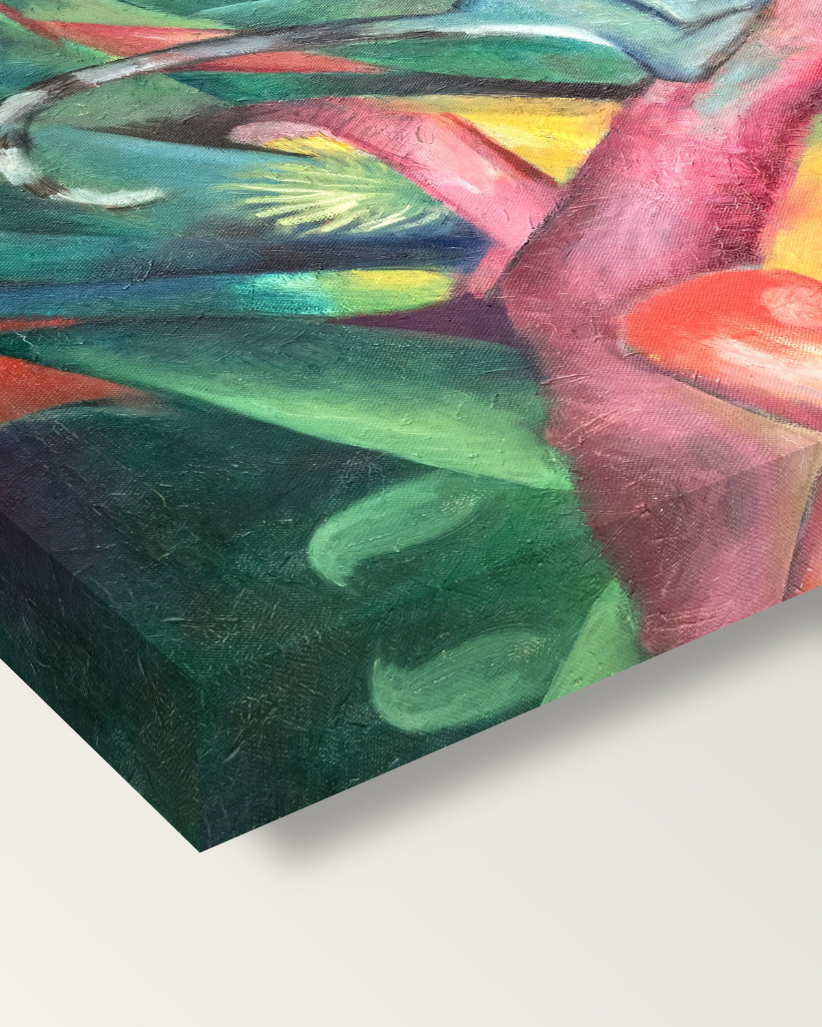 The Little Monkey by Franz Marc on stretched canvas, corner close-up: the painting mirror-wrapped round the sides