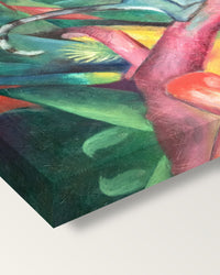 The Little Monkey by Franz Marc on stretched canvas, corner close-up: the painting mirror-wrapped round the sides
