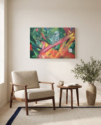 The Little Monkey by Franz Marc as a stretched canvas above a linen lounge chair in a reading corner