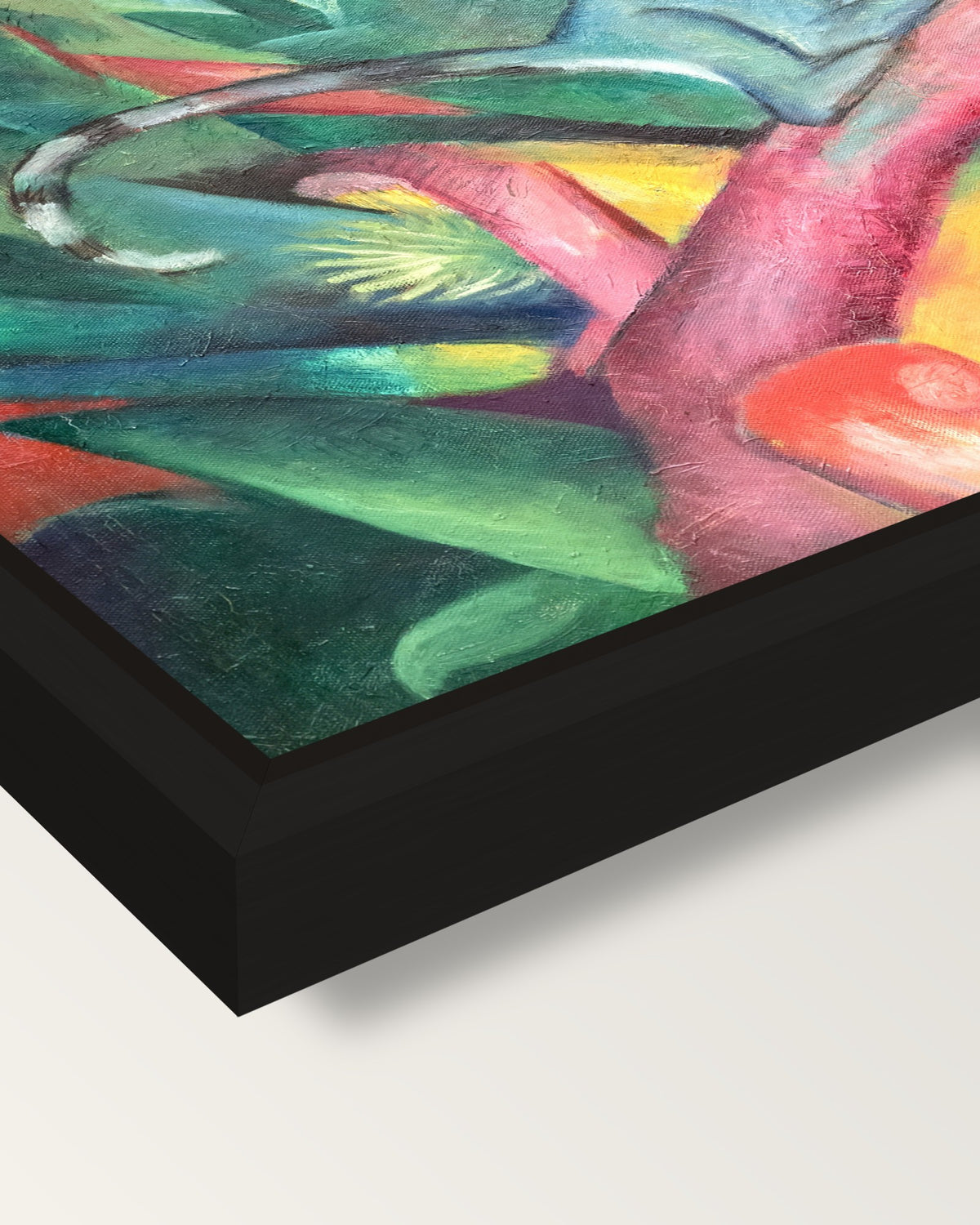 The Little Monkey by Franz Marc framed canvas, corner close-up: a black floating frame with a shadow gap round the canvas