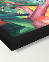 The Little Monkey by Franz Marc framed print, corner close-up: black moulding, mitred, the print set just below its edge
