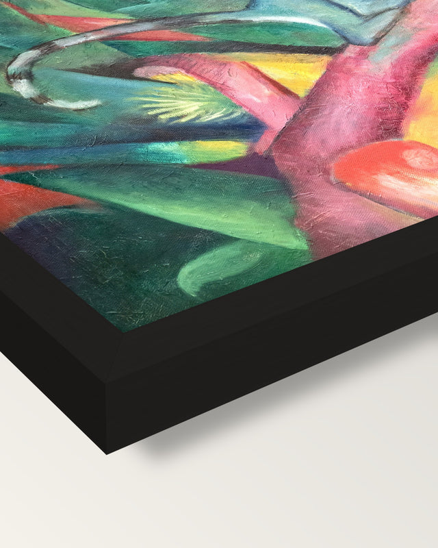 The Little Monkey by Franz Marc framed print, corner close-up: black moulding, mitred, the print set just below its edge