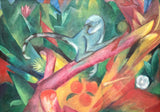 The Little Monkey by Franz Marc: a small pale monkey on a branch among bright green leaves and orange fruit
