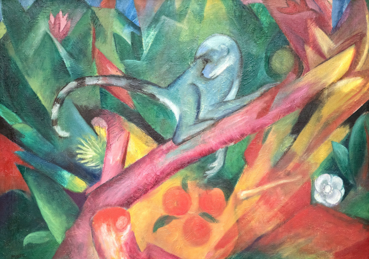 The Little Monkey by Franz Marc: a small pale monkey on a branch among bright green leaves and orange fruit