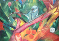 The Little Monkey by Franz Marc: a small pale monkey on a branch among bright green leaves and orange fruit
