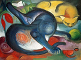 Two Cats, Blue and Yellow by Franz Marc: a blue cat stretching beside a curled yellow cat on red and green ground