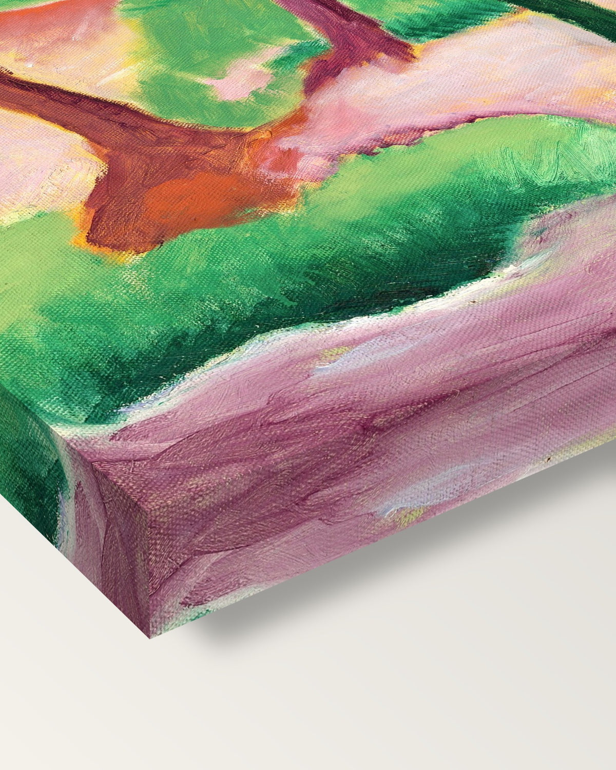 Weasels at Play by Franz Marc on stretched canvas, corner close-up: the painting mirror-wrapped round the sides