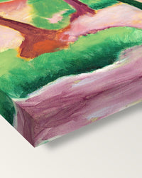 Weasels at Play by Franz Marc on stretched canvas, corner close-up: the painting mirror-wrapped round the sides