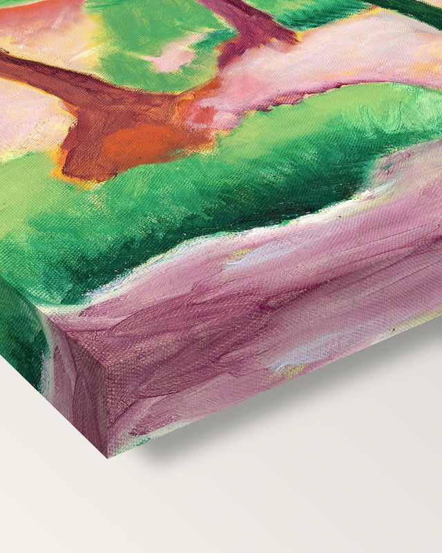 Weasels at Play by Franz Marc on stretched canvas, corner close-up: the painting mirror-wrapped round the sides