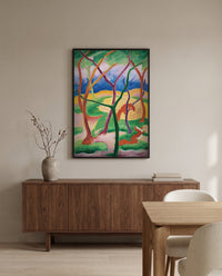 Weasels at Play by Franz Marc in a black frame above a walnut sideboard in a dining room
