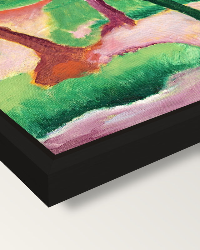 Weasels at Play by Franz Marc framed canvas, corner close-up: a black floating frame with a shadow gap round the canvas