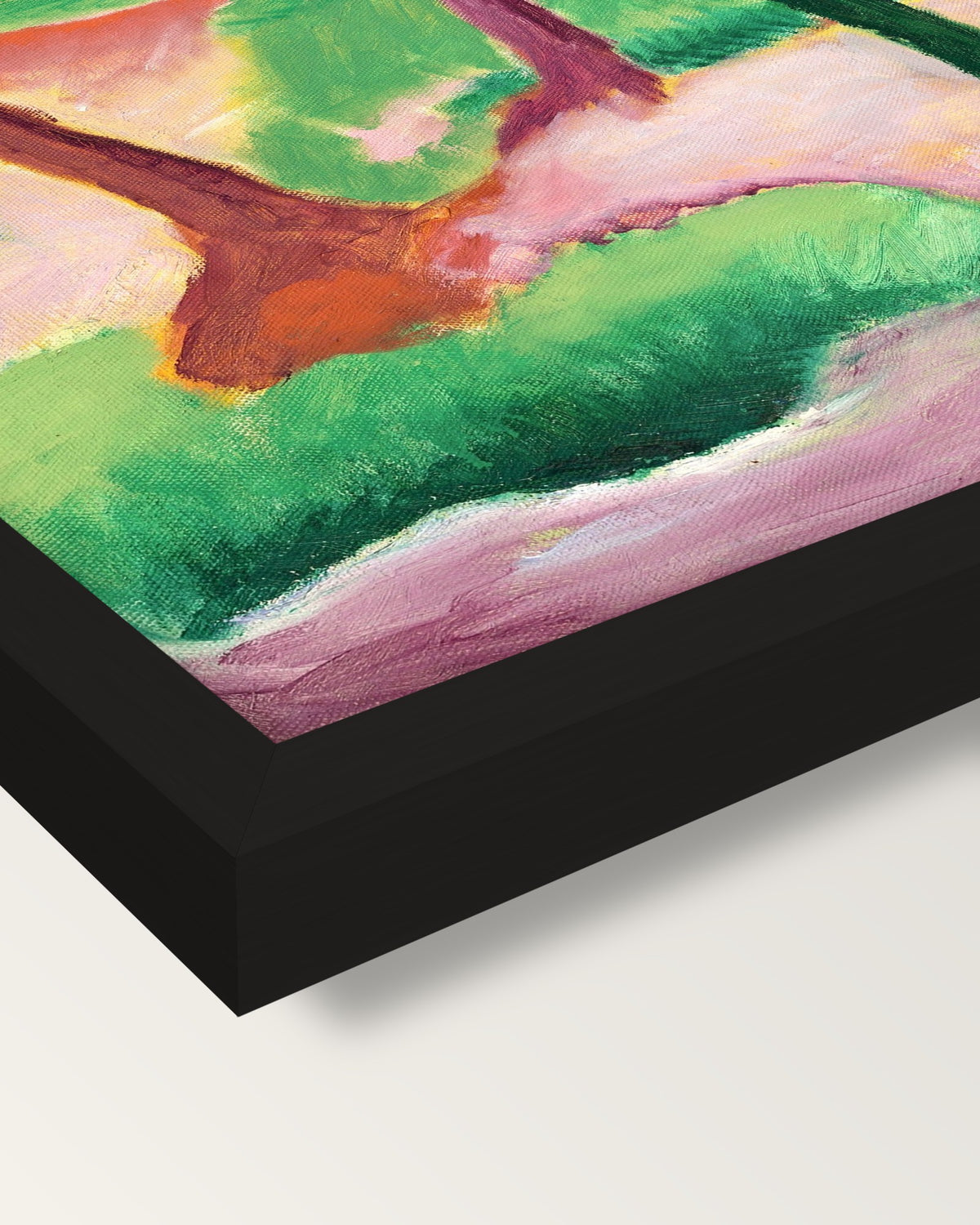Weasels at Play by Franz Marc framed print, corner close-up: black moulding, mitred, the print set just below its edge
