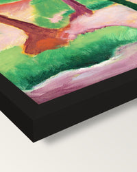 Weasels at Play by Franz Marc framed print, corner close-up: black moulding, mitred, the print set just below its edge
