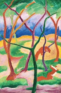 Weasels at Play by Franz Marc: two red weasels running among curving blue, pink and green trees on a yellow ground