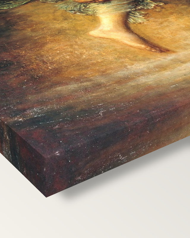 Hope by George Frederic Watts on stretched canvas, corner close-up: the painting mirror-wrapped round the sides