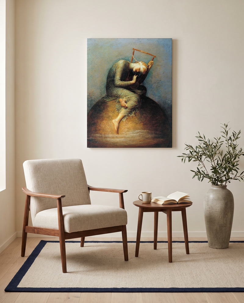 Hope by George Frederic Watts as a stretched canvas above a linen lounge chair in a reading corner