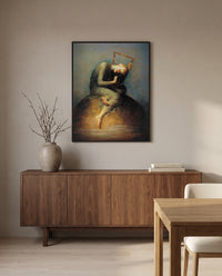 Hope by George Frederic Watts in a black frame above a walnut sideboard in a dining room