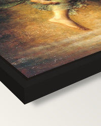 Hope by George Frederic Watts framed canvas, corner close-up: a black floating frame with a shadow gap round the canvas
