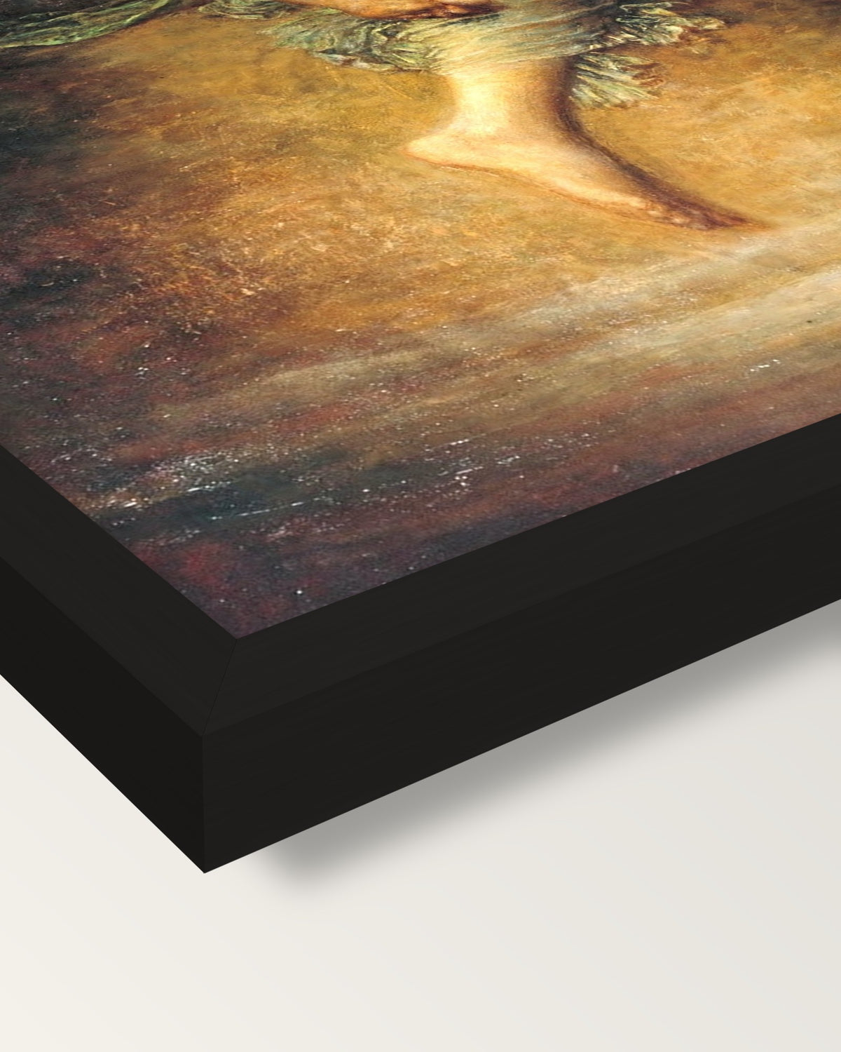 Hope by George Frederic Watts framed print, corner close-up: black moulding, mitred, the print set just below its edge